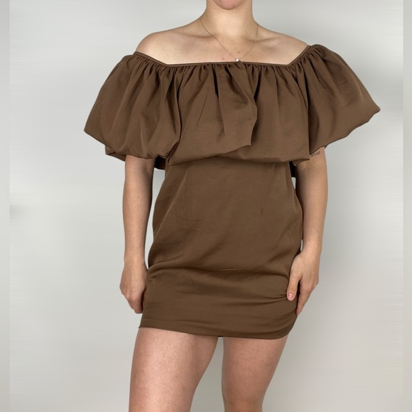 NIKITA MHAISALKAR NWT Anthropologie Off The Shoulder Brown Mini Dress‎ - Picture 1 of 6